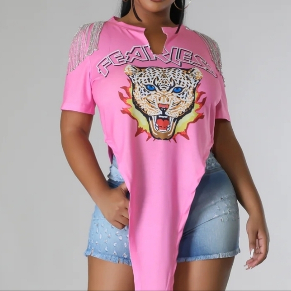 Tops - Pink Graphic Tee with Tiger Design